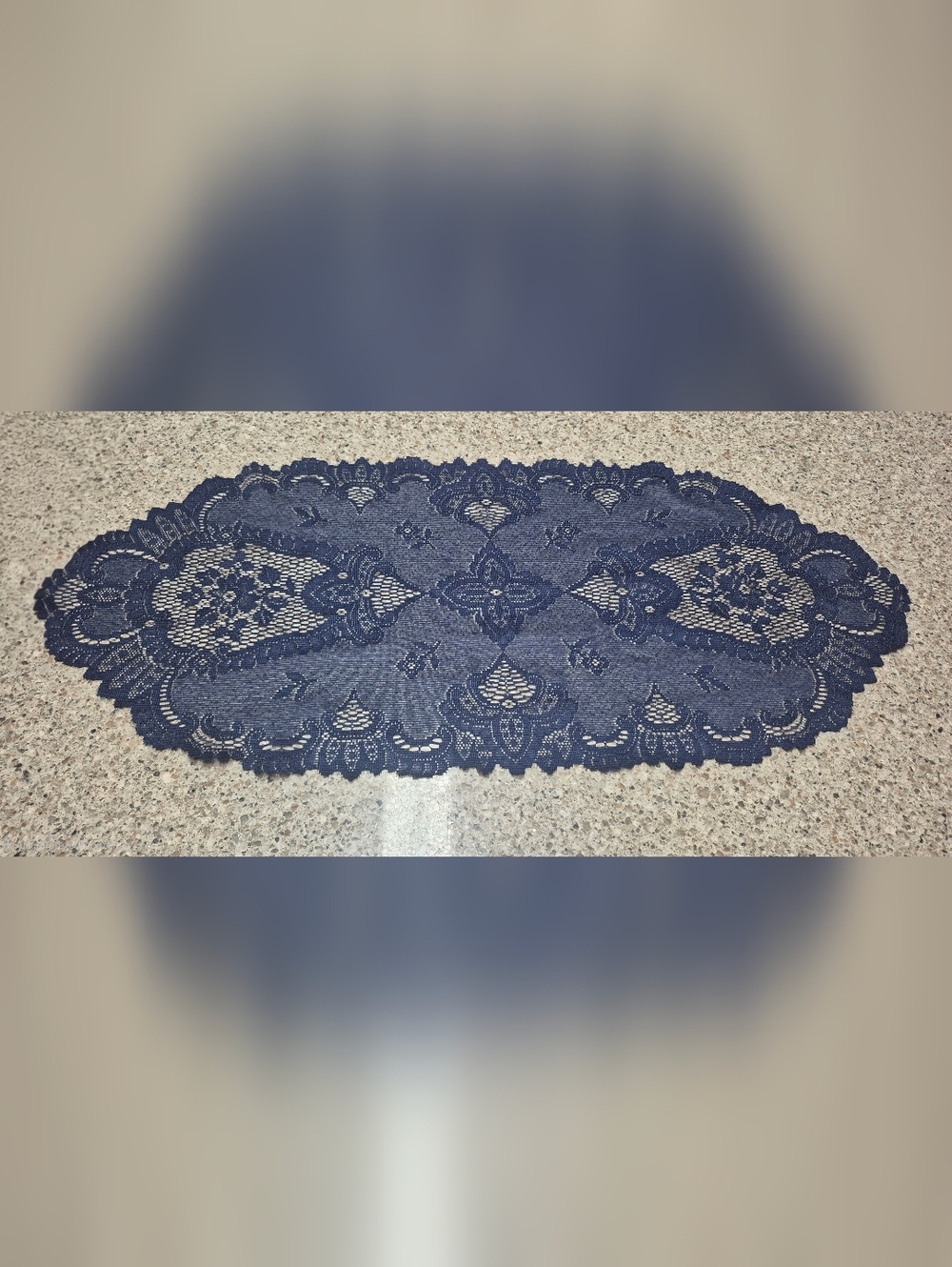 Heritage Style Navy Blue Lace Oval Table Runner Floral Scroll 14.5" x 31"